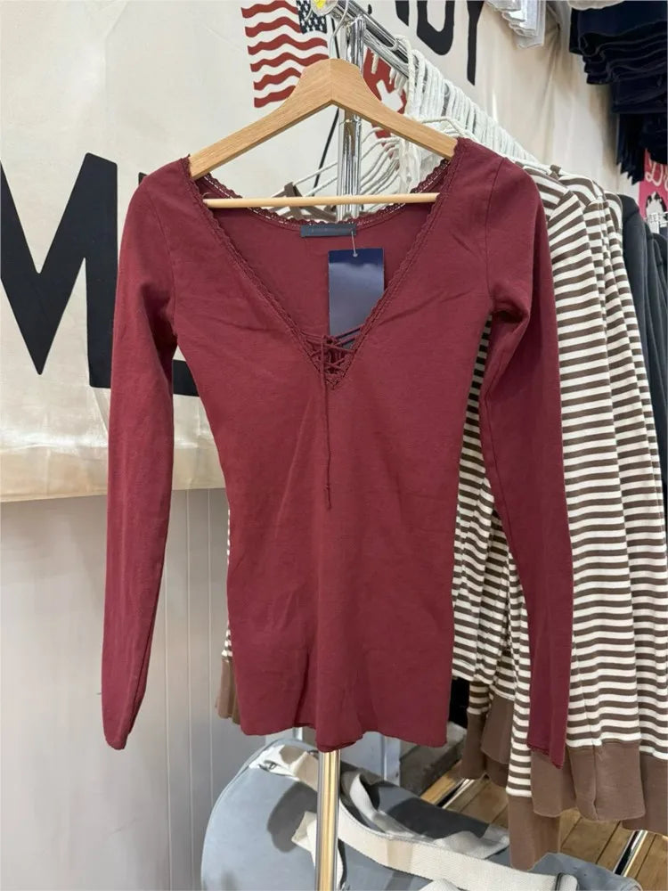 Lace-up V-neck Long Sleeve T-shirts Women Summer Y2K Streetwear Lace Trim Slim Cotton Tee shirt Female Sweet Simple Chic Tshirts