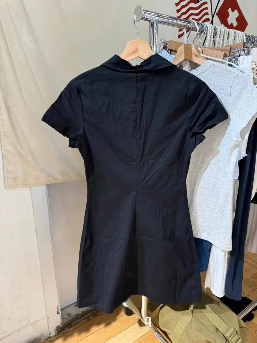 Black Pockets Blouse Shirt Dresses Women New Turn Down Collar Single Breasted Short Sleeve Vestidos Sweet Vintage Y2K Mini Dress