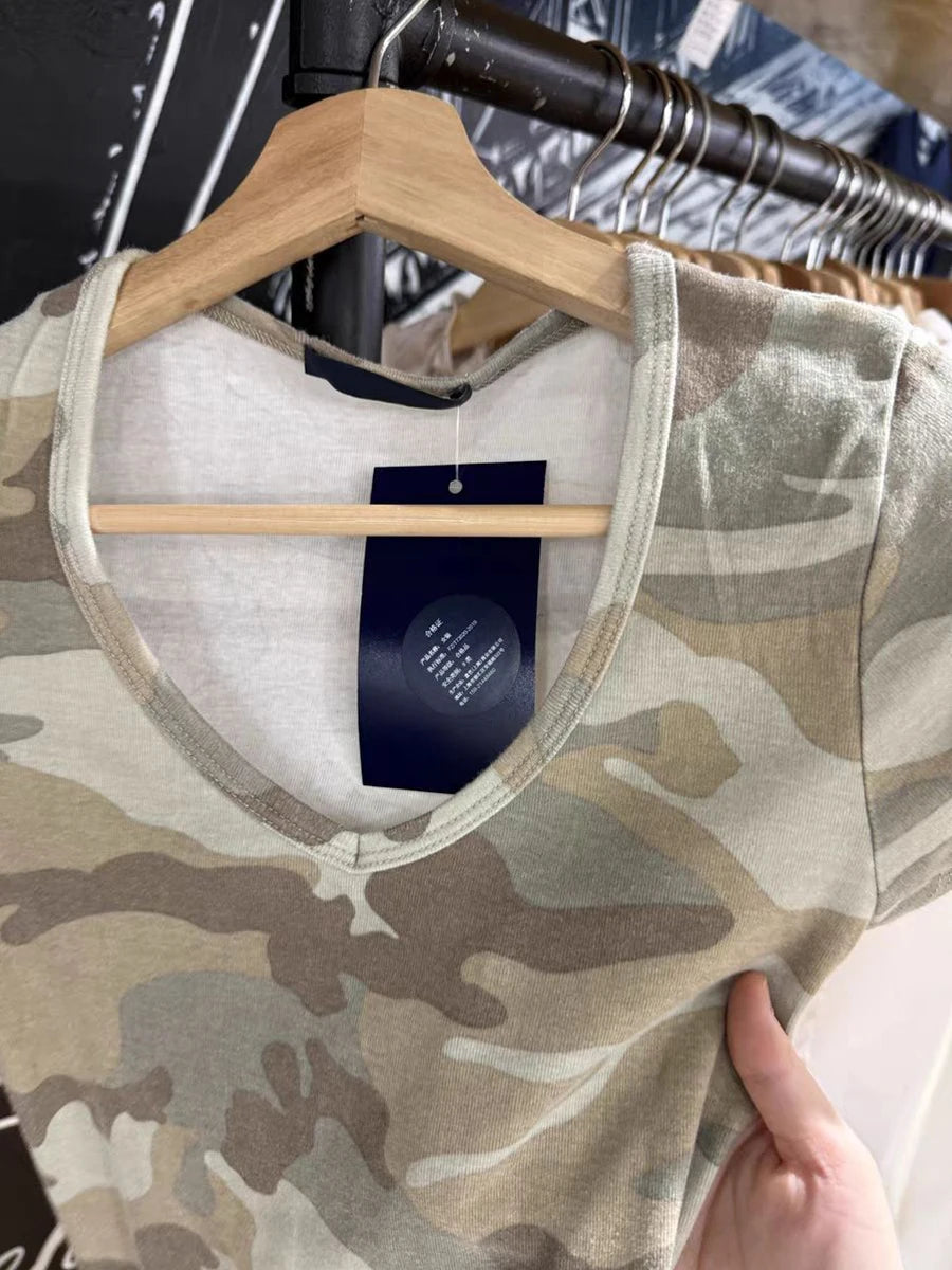 Camouflage Slim T-shirt Woman Summer Vintage Cotton Short Sleeve Tee Shirts Female Casual Streetwear V-neck Tshirts Tops Y2k