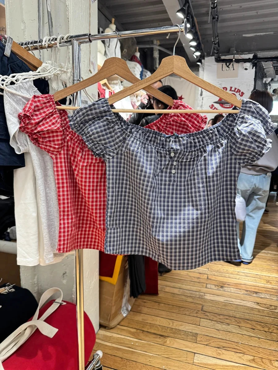 Red Plaid Ruffle Lace-up Cotton Short Sleeve Tees Women Casual Streetwear Button Tops Female Vintage Sweet Cute Y2K T-shirts