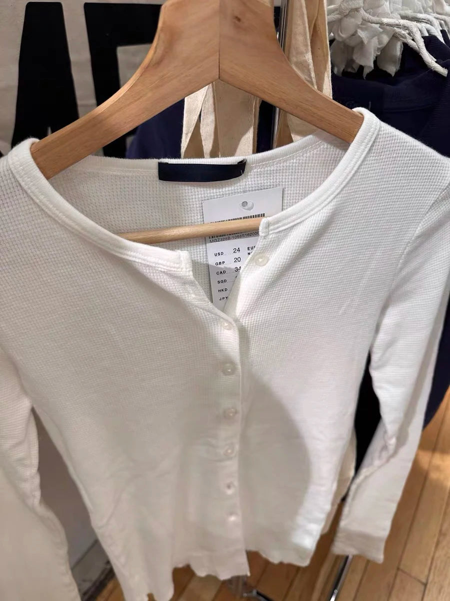 Waffle White Slim Cotton T-shirt Women New Round Neck Single Breasted Long Sleeve Tees Casual Sweet Simple Basic Tshirts Y2K Top