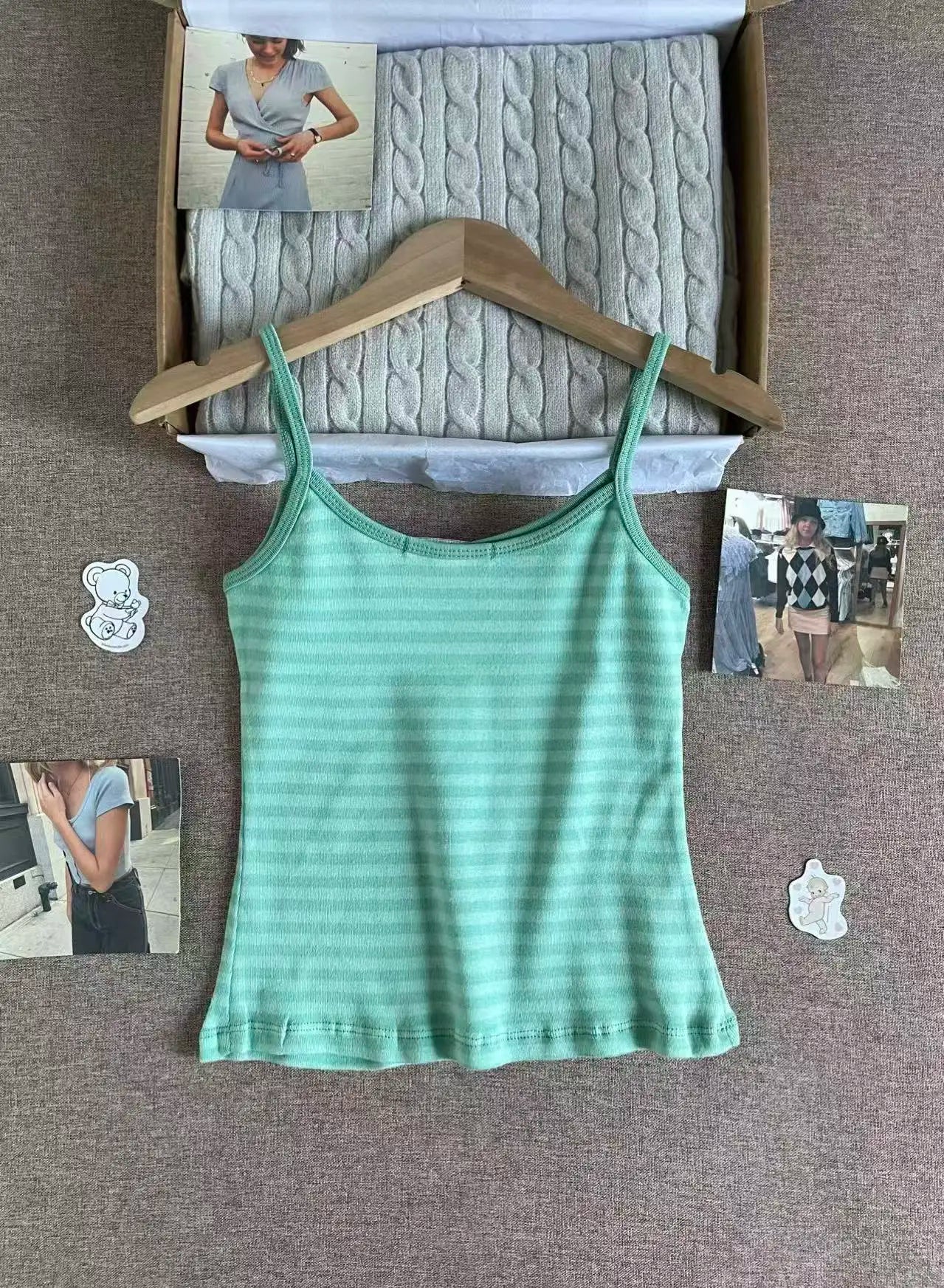 Green Striped Slim Camisole Women Casual Simple All-match Cute Cotton Sleeveless Vests Female Sweet Vintage Chic Tank Tops Y2K