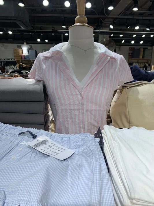 Pink Striped Blouse Women Summer Streetwear Silver Line Slim Short Sleeve Buttons T-shirts Sweet Cute Preppy Style Tshirt Y2K