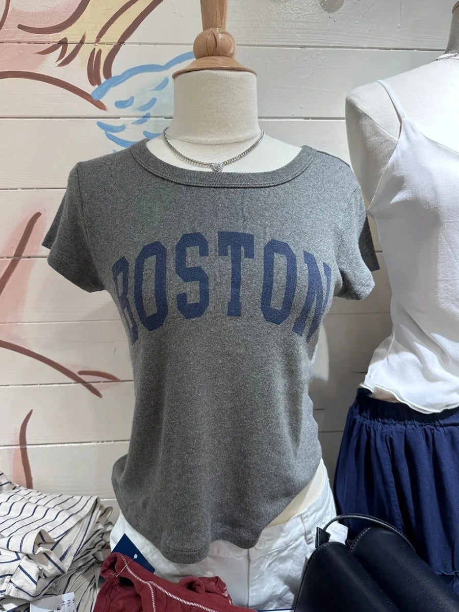 Vintage Basic Letter Print Cotton Crop Tops Women Summer O-neck Simple Gray Short Sleeve Tees Female Harajuku Chic Y2K T-shirts