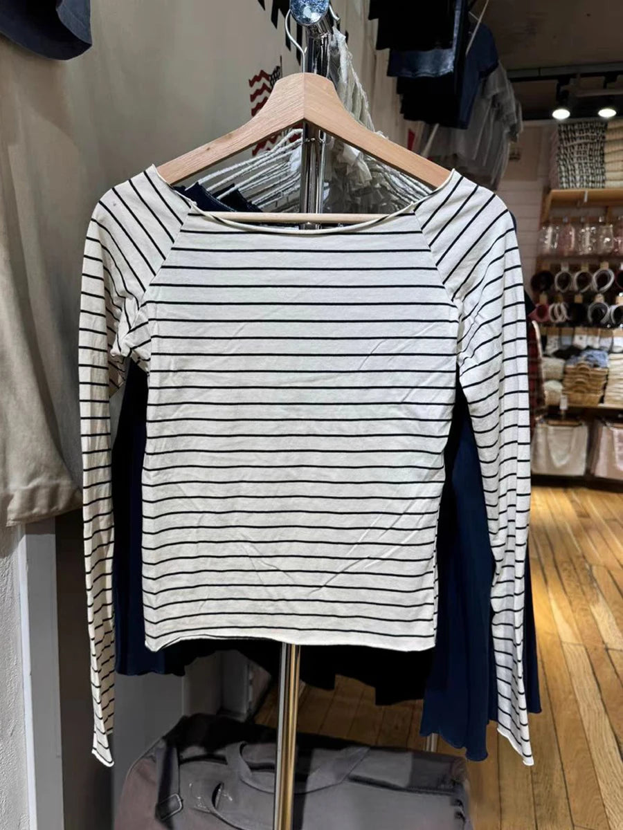 Vintage Black Striped Long Sleeve T-shirt Women Autumn All-match Raw Hem Slash Neck Slim Tees Casual Streetwear Tshirts Y2K Tops