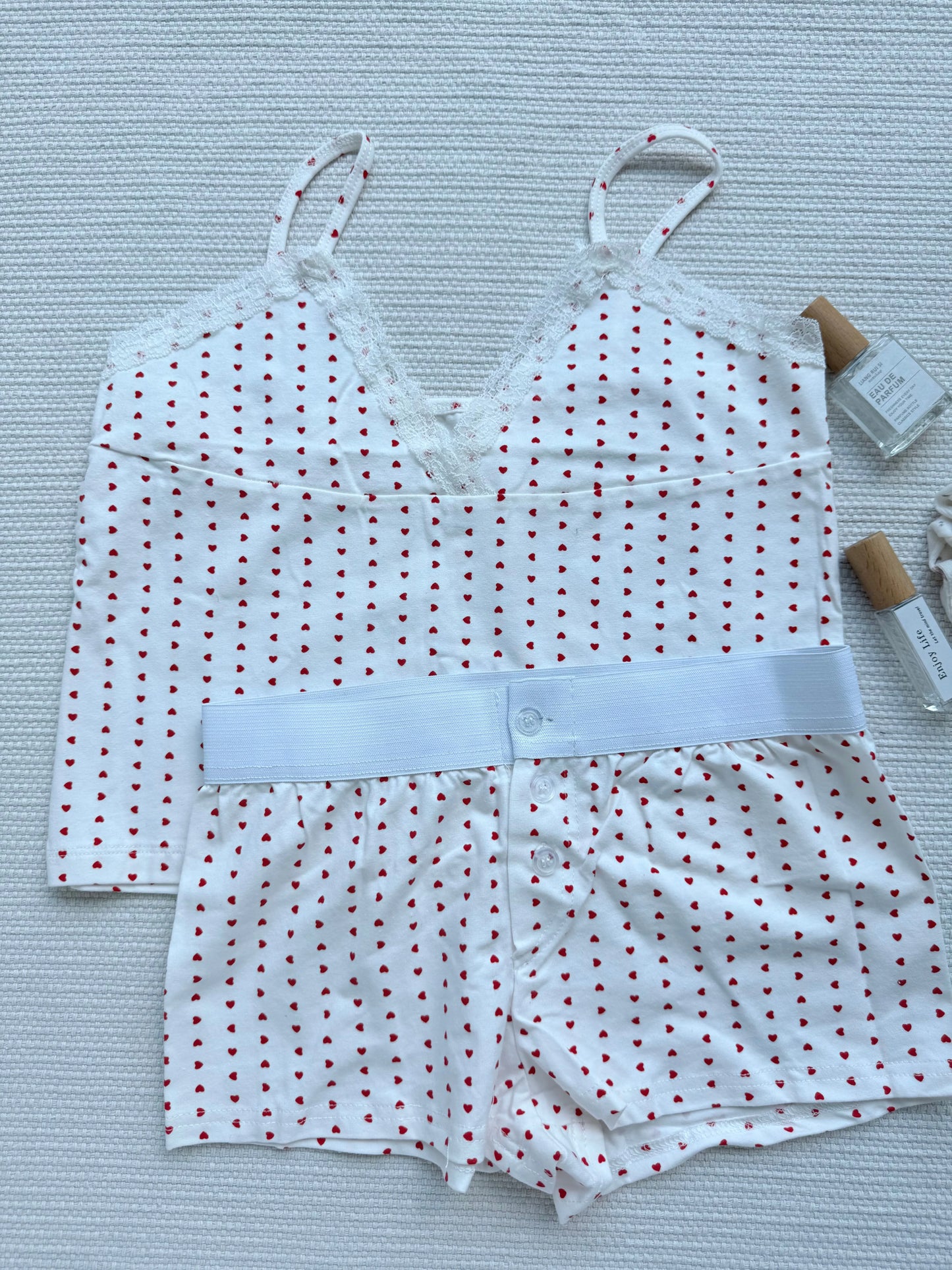 Red Heart Print 2 piece Sets Women Summer Cotton Lace Trim V-neck Camisole+Short Pants Sweet Home Short Outfits Y2K Clothes New