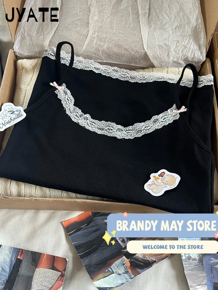 Harajuku Lace Trim U-neck Tank Tops Women New Cotton Sexy Slim Streetwear Bow Sleeveless Vests Vintage Chic Sweet Camisole Y2K