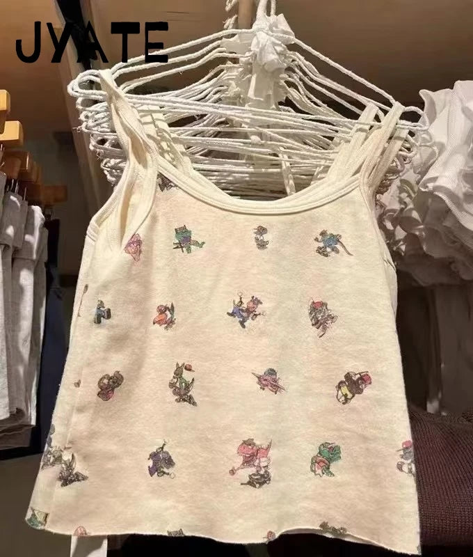 Cute Little Duck Bow Tank Tops Women Summer New Cotton Soft Chic Slim Eyelet Sleeveless Vests Sweet Casual Vintage Camisole Y2K