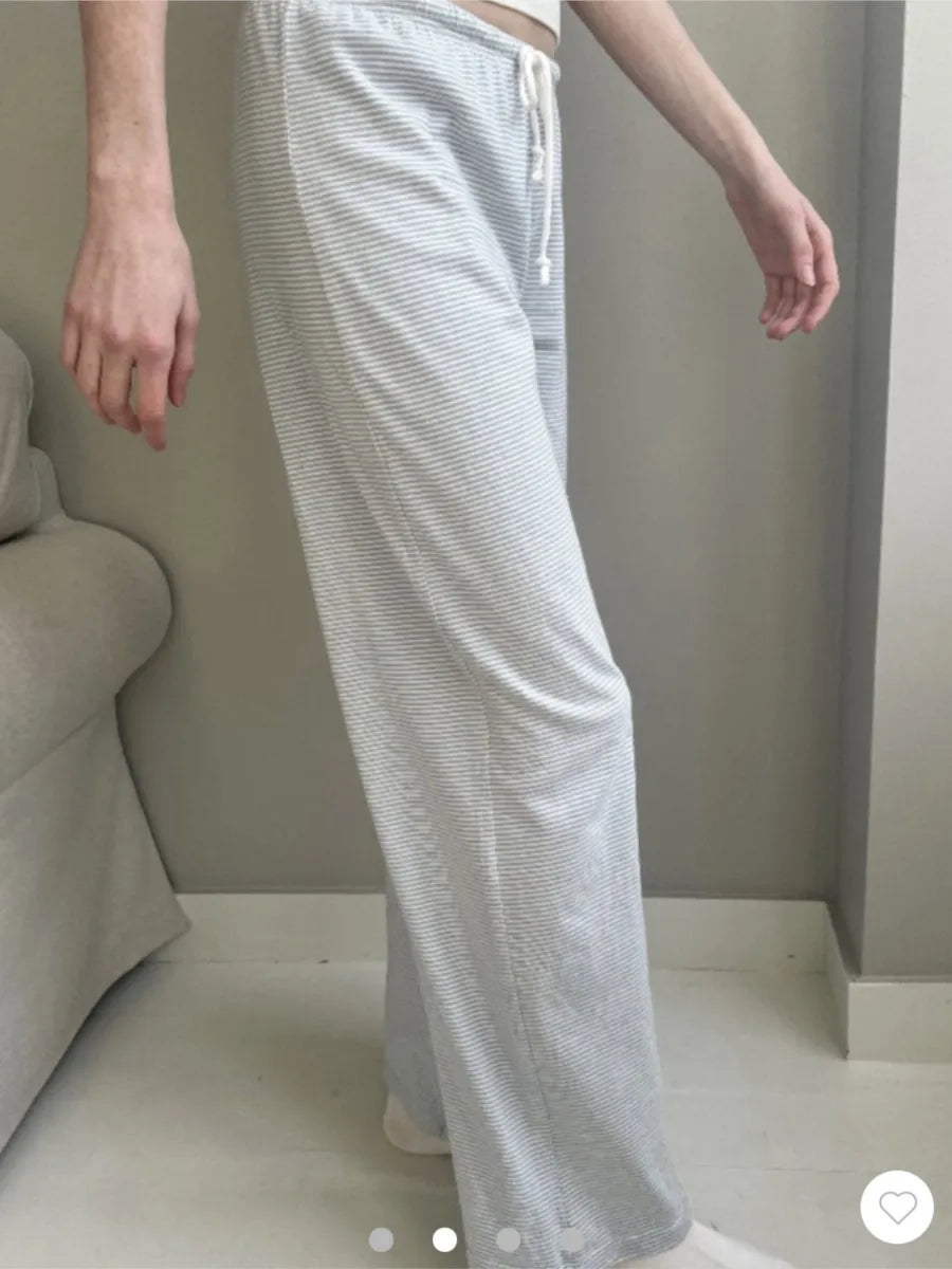 Blue Striped Drawstring Straight Long Pants Women Casual Cotton Soft High Waist Trousers Simple Sweet Vintage Home Pajama Pants