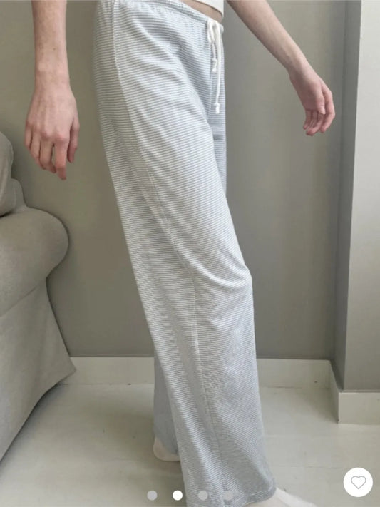 Blue Striped Drawstring Straight Long Pants Women Casual Cotton Soft High Waist Trousers Simple Sweet Vintage Home Pajama Pants