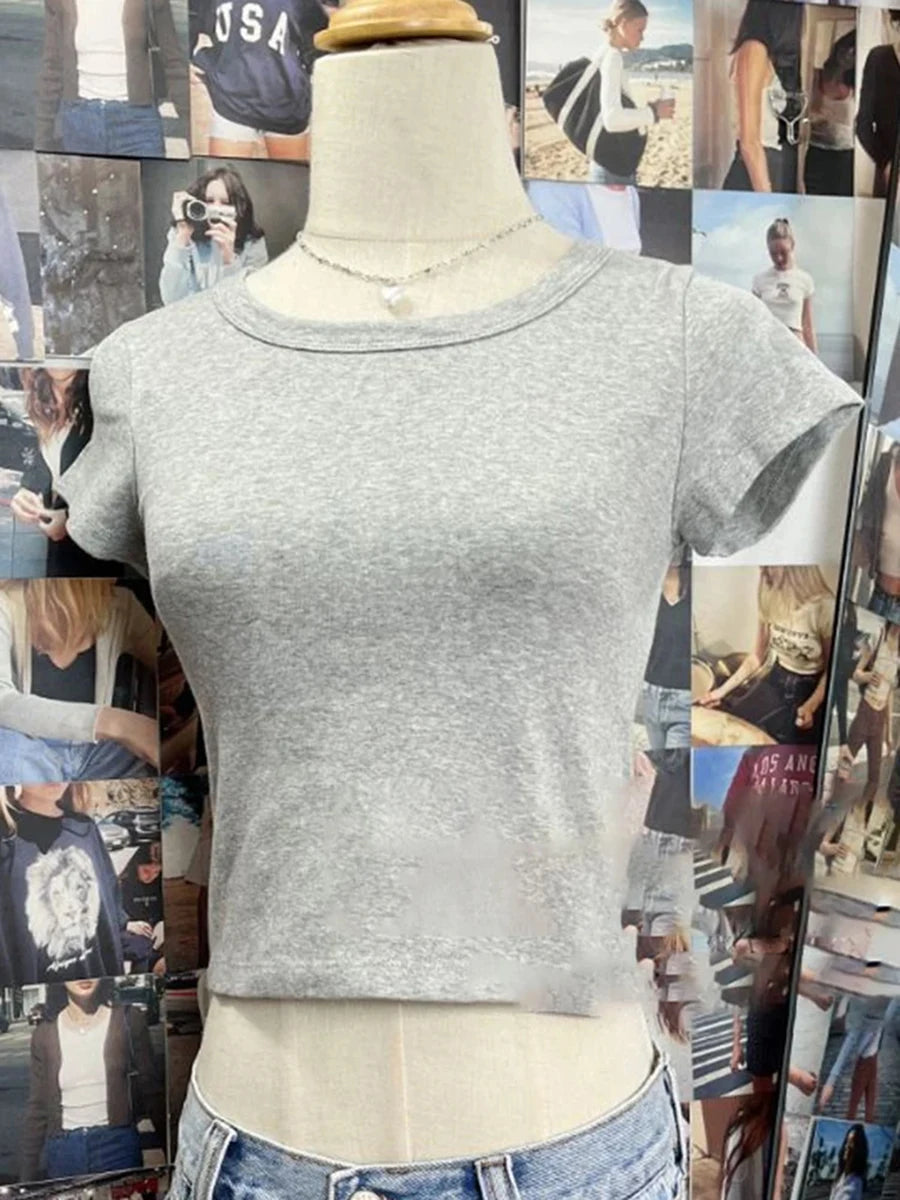 Solid Simple Basic Slim Crop Tops Women Summer Casual Cotton Soft O-neck Casual Short Sleeve Tees Harajuku Vintage T-shirts Y2K