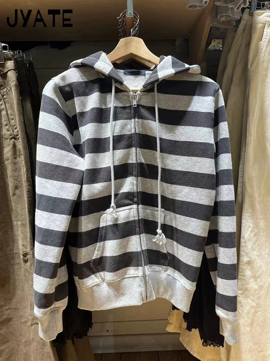 Classic Striped Patchwork Zip-up Hoodie Women Cotton Loose Pocket Drawstring Jacket Tops Vintage Loose Y2K Chic Sweatshirts Coat