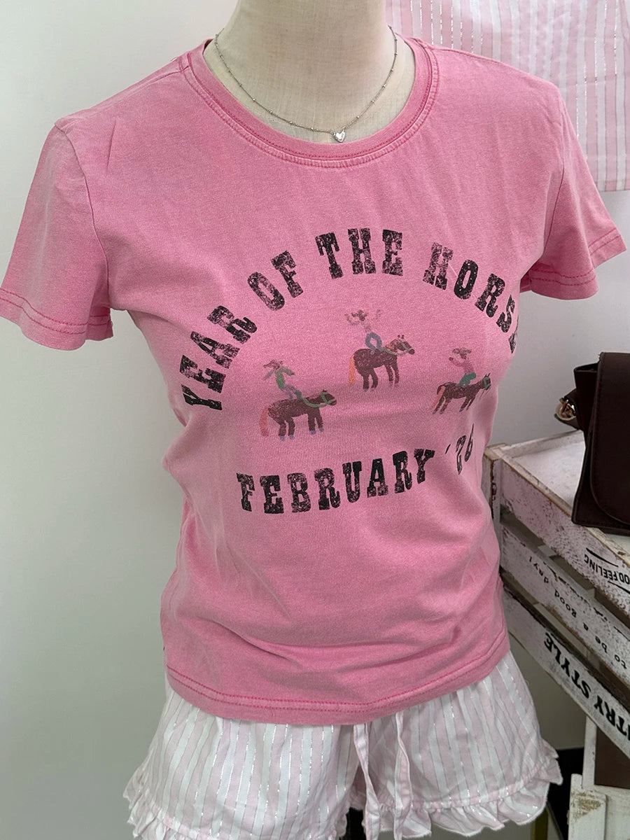 Letter Print T-shirts Women Summer Cotton Casual Streetwear Slim Short Sleeve Tees Sweet Preppy Style Chic Tshirt Y2K