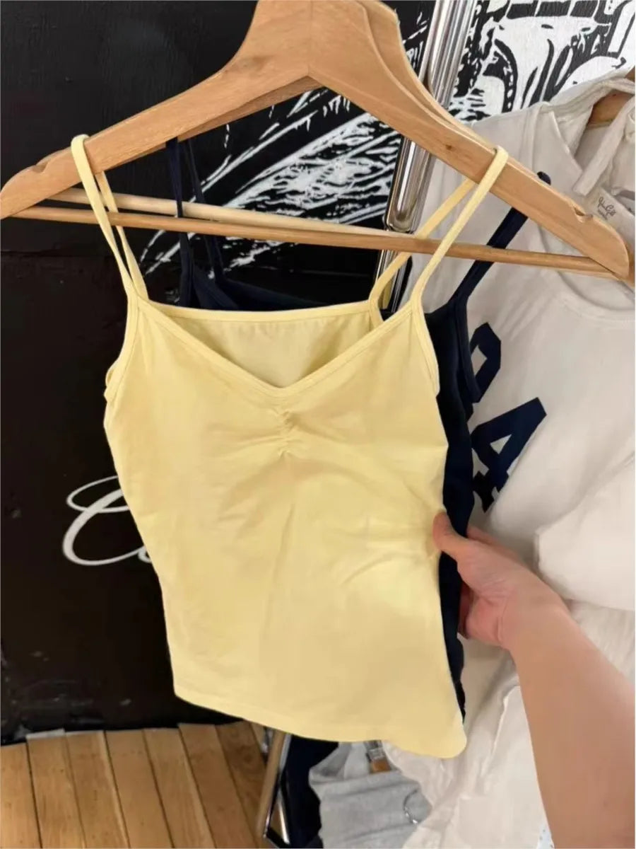 Yellow Folds V-neck Bow Black Tank Tops Women Summer All-match Cotton Sleeveless Slim Camisole Vintage Sweet Cute Crop Top Y2K