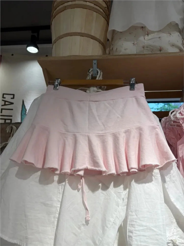 Sweet Pink Lace-up Ballet Skirt Woman Spring Casual Elastic Waist Cotton Sports Skirts Cute All-match A-line Short Faldas New