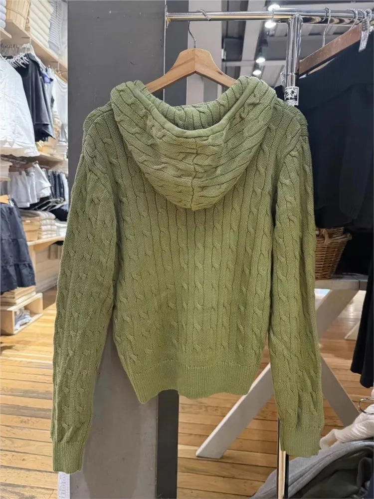 Green Twisted Flower Hooded Zipper Coat Women Fall Winter Long Sleeve Pocket Knit Knitwear Sweet Preppy Style Cardigan Sweater