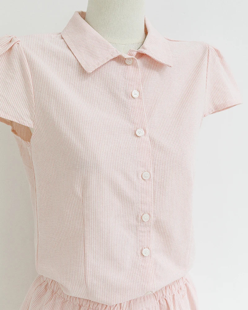 Pink Buttons Blouse T-shirt Short Sets Women Slim Short Sleeve Tees+Straight Sweatshorts Sweet Cute Home Pajama 2 Piece Outfits