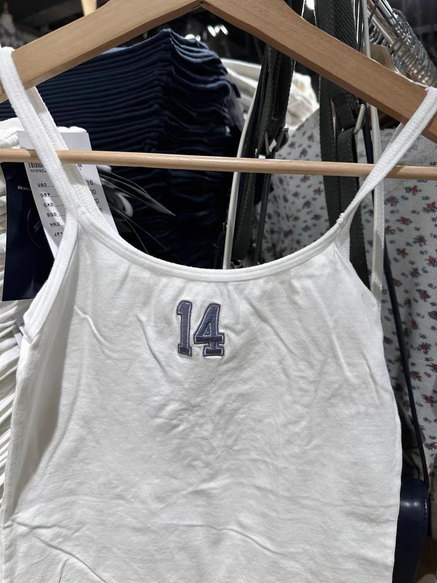 Sweet 14 Embroidery Slim Tank Top Women Spring Casual Sleeveless Cotton Camis Female White Cute Preppy Style Vest Y2K Tops New