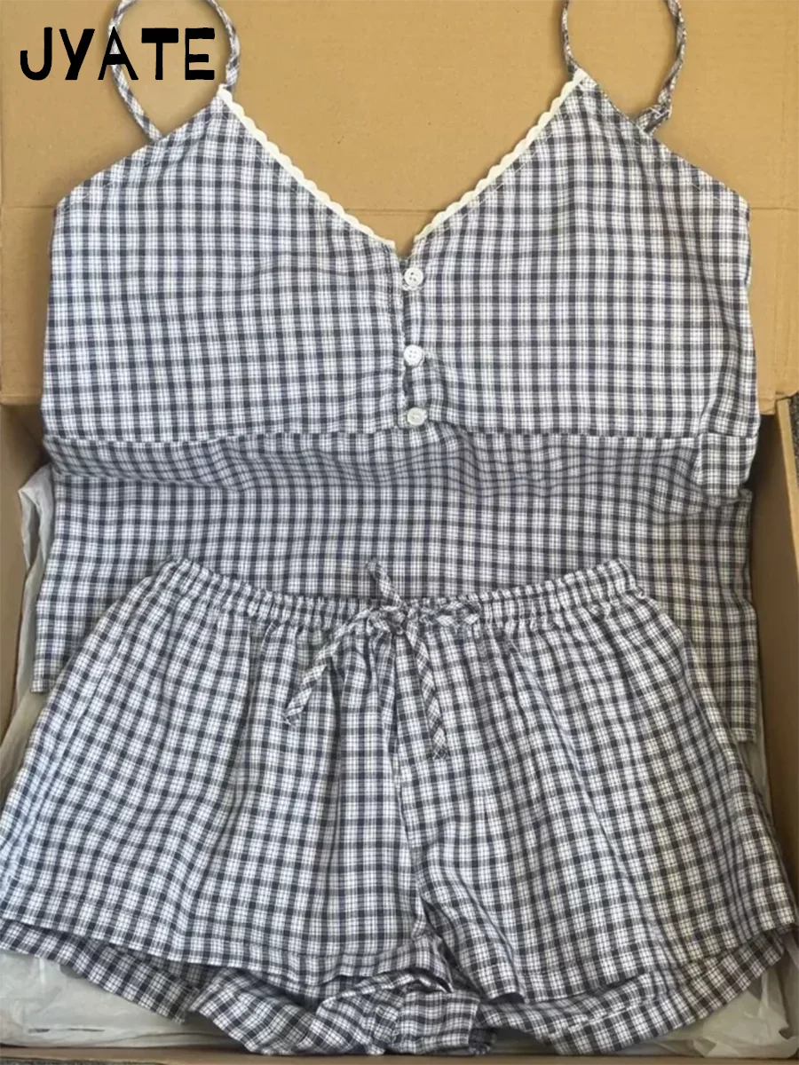 Lace Trim Navy Plaid Tank Shorts 2 Piece Sets Women New Buttons Lace-up Camis+Drawstring Sweatshorts Vintage Chic Sweet Home Set