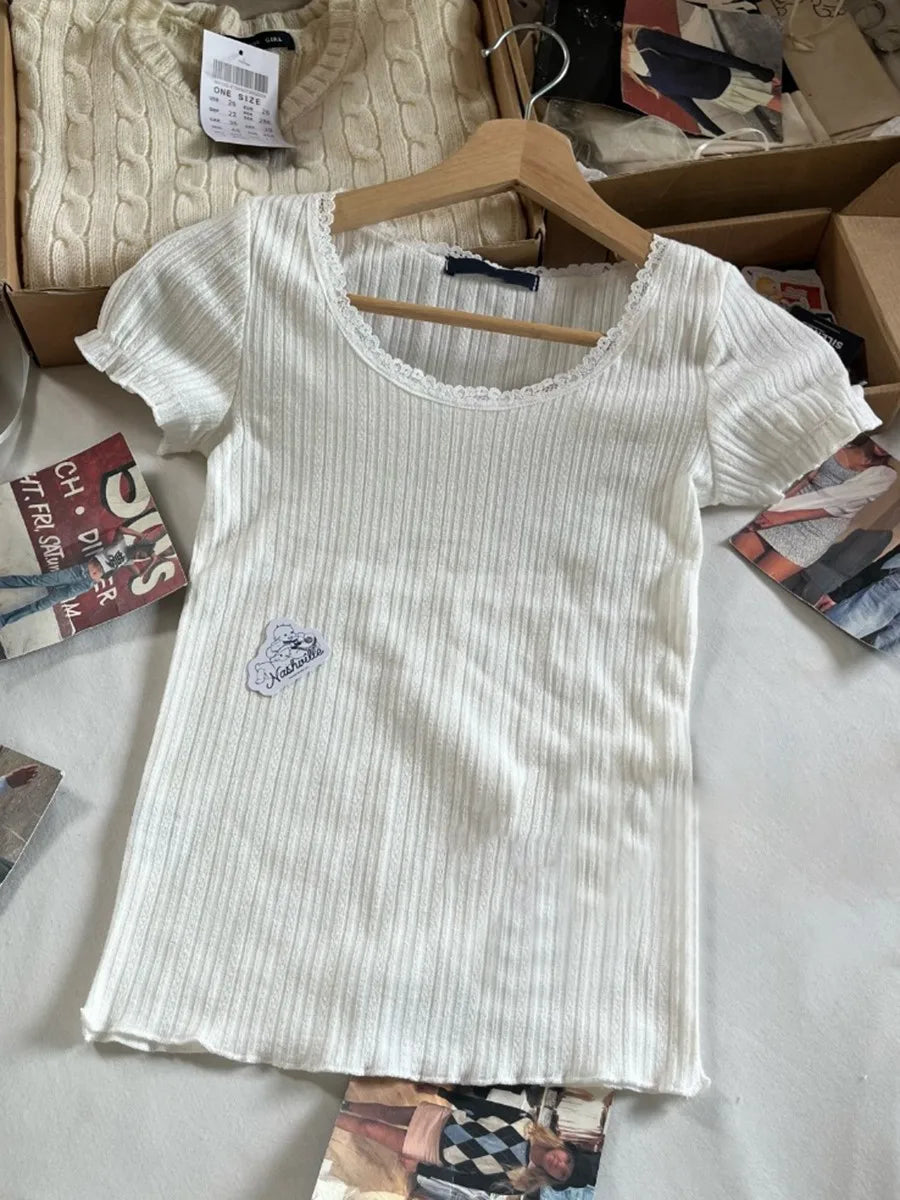Textured Ruffle White Slim T-shirt Women Summer Lace Trim Scoop Neck Cotton Short Sleeve Tees Cute Sweet Preppy Style T-shirts