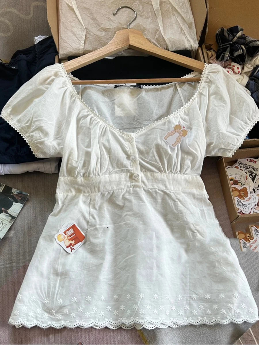 New Lace Trim Strap Cotton Short Sleeve Tees Female Casual Simple Sexy White Crew Neck Tops Clothes Sweet Cute Chic T-shirts Y2K