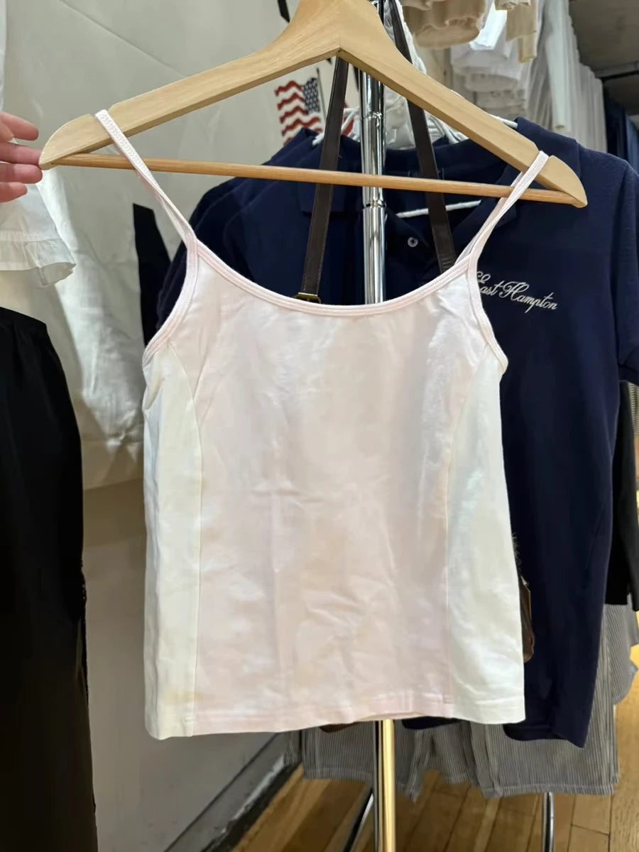 Sweet Pink Patchwork Slim Crop Top Women Summer New Casual Cotton Sleeveless Cropped Camis Female Vintage Basic Y2K Tank Tops