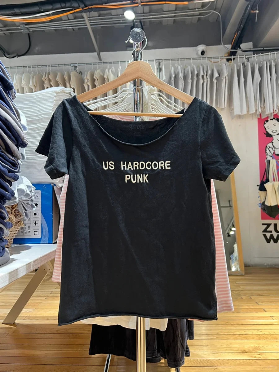 Letter Print Slash Neck T-shirts Women Summer New Black Raw Hem Cotton Short Sleeve Tees Vintage Cute Harajuku Tshirt Y2K Tops