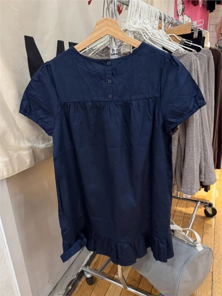 Vintage Navy Puff Sleeve Dress Women Streetwear Simple Ruffled Hem Cotton Dresses Y2K Clothes Sweet Cute Preppy Style Vestidos