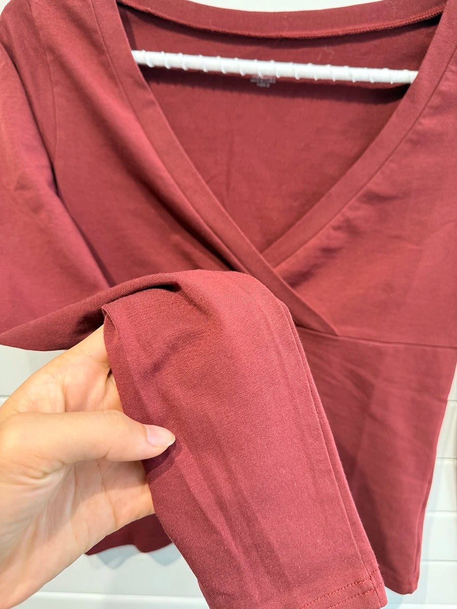 Red V-neck Slim T-shirts Women Autumn Streetwear Casual Sexy Cotton Long Sleeve Tees Sweet Chic Preppy Style T Shirt Y2K Top