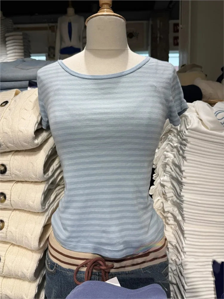 Blue Striped O-neck T-shirts Women Summer Simple Casual Streetwear Slim Short Sleeve Tees Vintage Preppy Style Sweet Tshirt Y2K