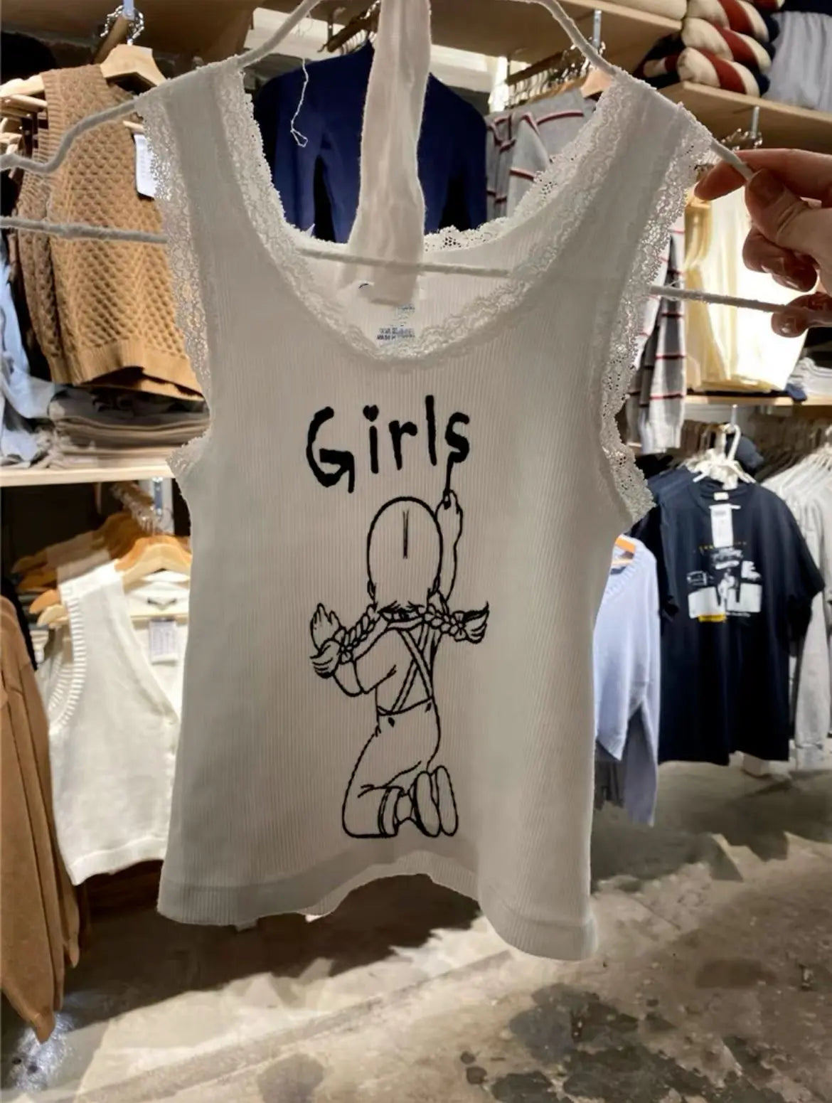 Cute Cartoon Print Lace Trim Vests Women Summer White Cotton Soft O-neck Tank Tops Female Sweet Casual Vintage Chic Y2K Crop Top