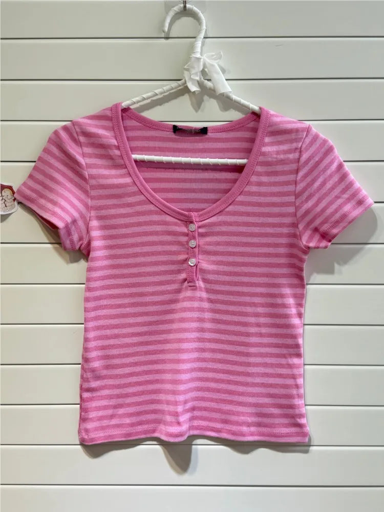 Pink Striped Buttons Short Sleeve Tee Women Summer New Cotton O-neck Slim Casual Simple T-shirts Sweet Cute Basic Tshirt Y2K Top