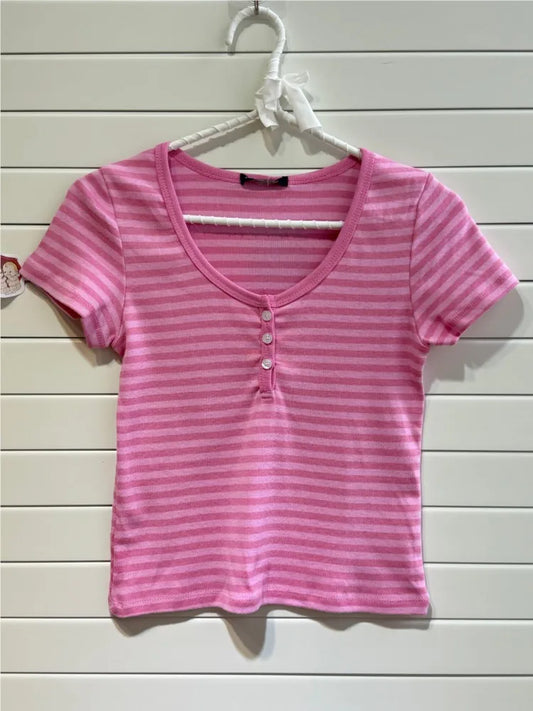 Pink Striped Buttons Short Sleeve Tee Women Summer New Cotton O-neck Slim Casual Simple T-shirts Sweet Cute Basic Tshirt Y2K Top