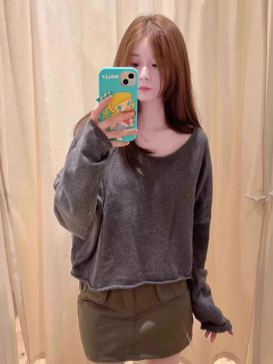 Simple Solid Raw Trim Crop Top Women New Cotton Soft Sexy Scoop Neck Casual Basic Pullover Tops Female Vintage Chic Y2K T-shirts