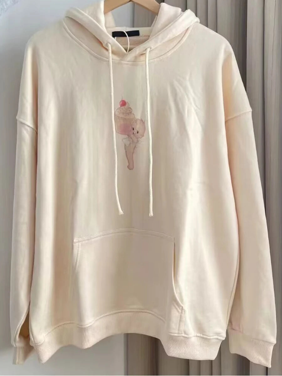 New Sweet Cute Little Bear Embroidery Beige Loose Hoodies Women Pocket Streetwear Cotton Pullover Tops Vintage Chic Sweatshirts
