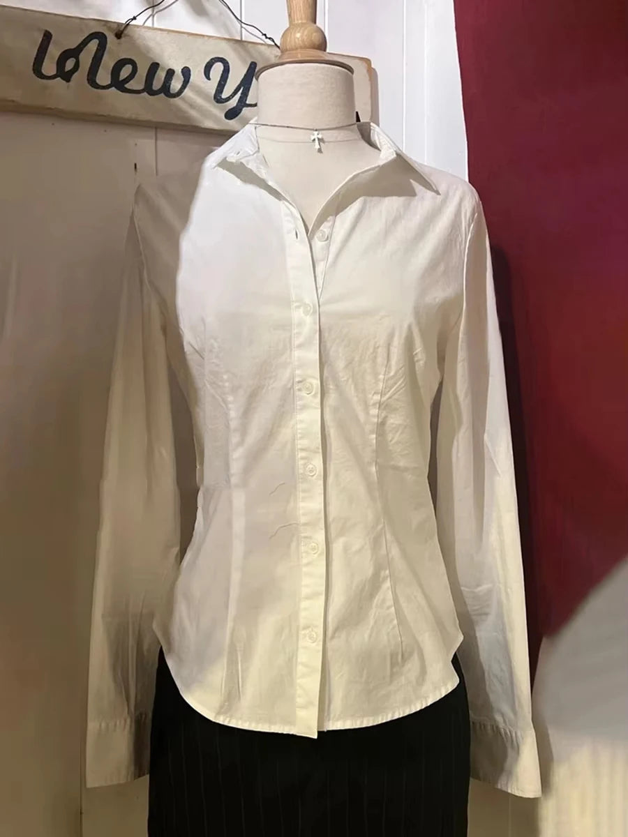 Sweet Solid Buttons Slim Blouse T-shirts Women Casual Turn down Collar Long Sleeve Tee Girls Cute Preppy Style Y2K Crop Tops New