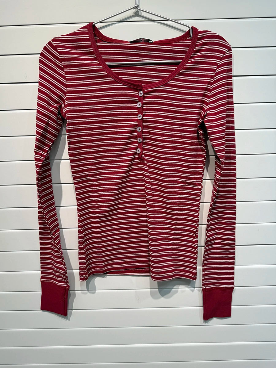 Brown Striped Buttons T-shirts Women Casual Chic Cotton Patchwork Long Sleeve Tees Vintage Preppy Style Slim Tshirt Y2K Tops New