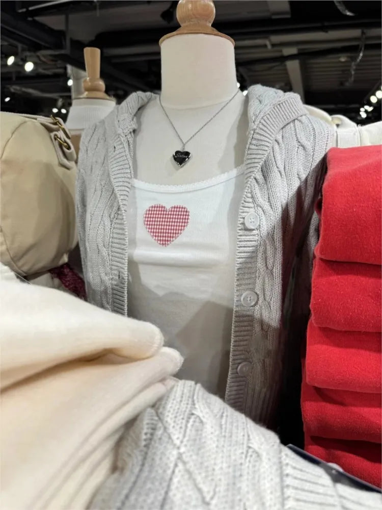 Gray Twist Flower Sweater Cardigan Women Autumn Buttons Slim Hooded Long Sleeve Knitted Hoodie Sweet Cute Preppy Style Sweaters