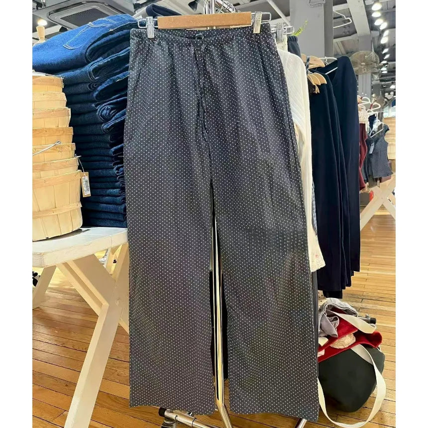Navy Dot Drawstring Straight Sweatpants Women Summer Y2K Cotton Linen Casual High Waist Trousers Vintage Sport Long Pants New