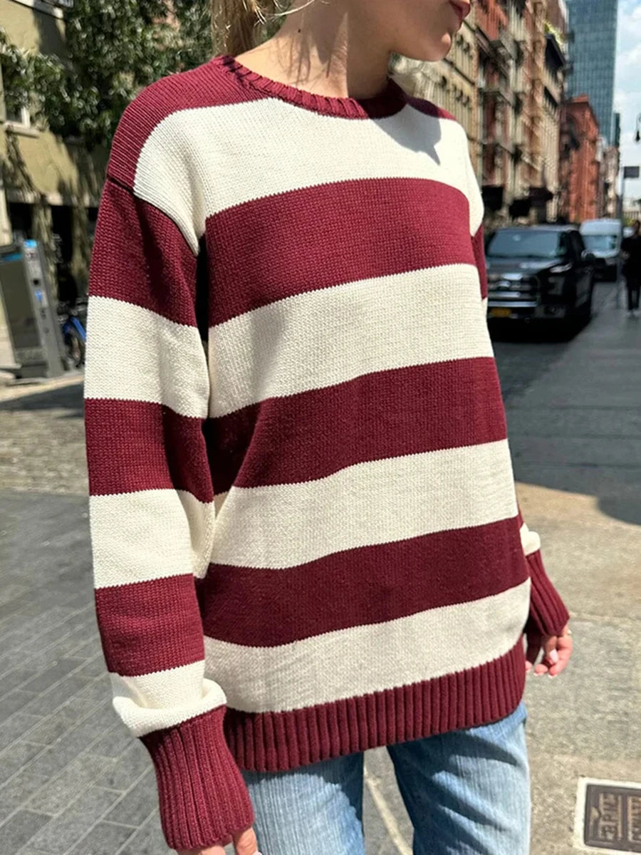 Striped Thick Knitted Jumpers Women Autumn O-neck Fashion Casual Streetwear Loose Pullovers Tops Chic Vintage Sweet Y2K Sweaters