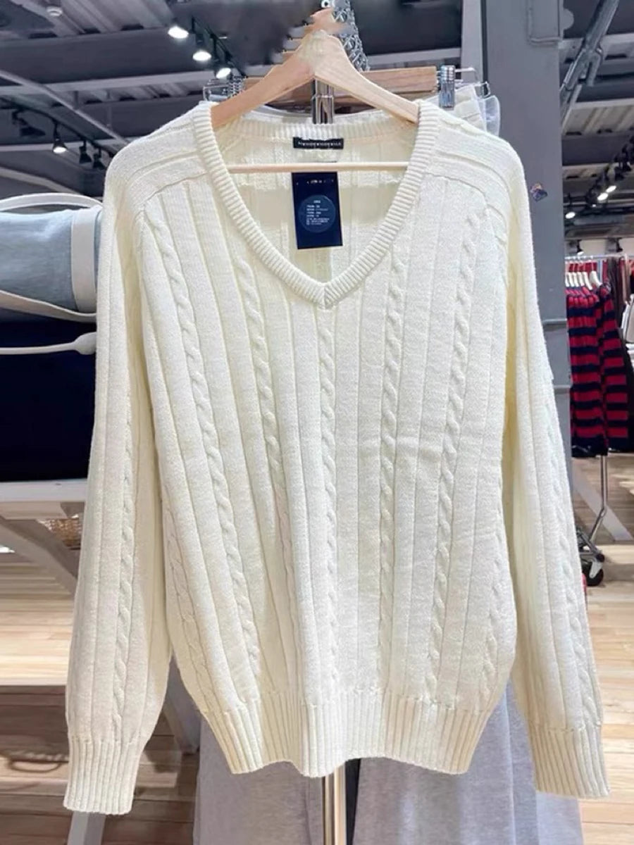 Women V-neck Knitted Sweater Casual Autumn Winter Cotton Warm Loose Twisted Flower Pullover Tops Harajuku Solid Vintage Jumper