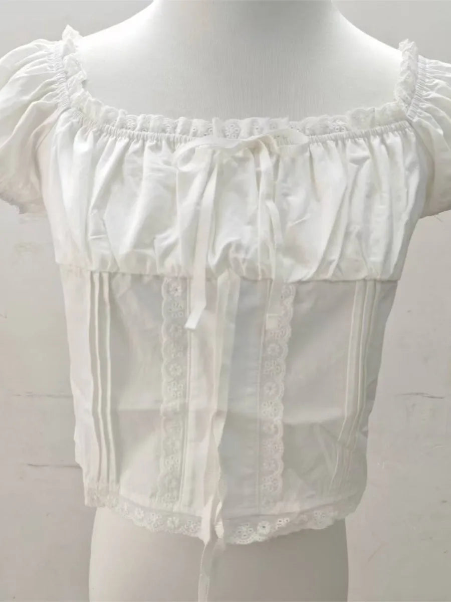 White Lace Trim Ruffles Short Sleeve Tees Women Summer Casual Streetwear Shirt Tops Sweet Chic Preppy Style Cropped T-shirts New