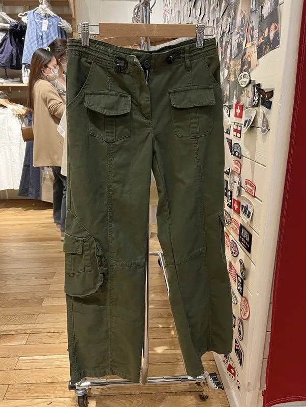 Army Green Retro Pockets Low Waist Straight Pants Women Spring Streetwear Casual Cargo Pant Vintage Harajuku Baggy Y2K Trousers
