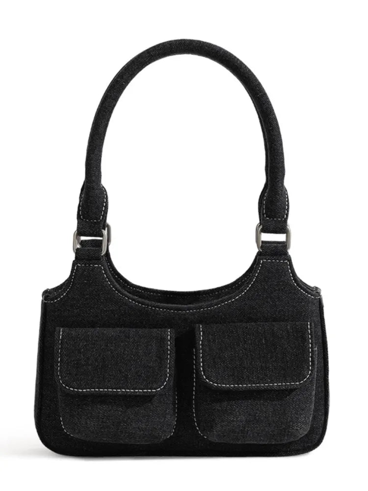 Vintage Denim Shoulder Bag Women New Cute Pockets High Zipper High Quality Ladies Bags Streetwear Chic Preppy Style Handbags Y2K