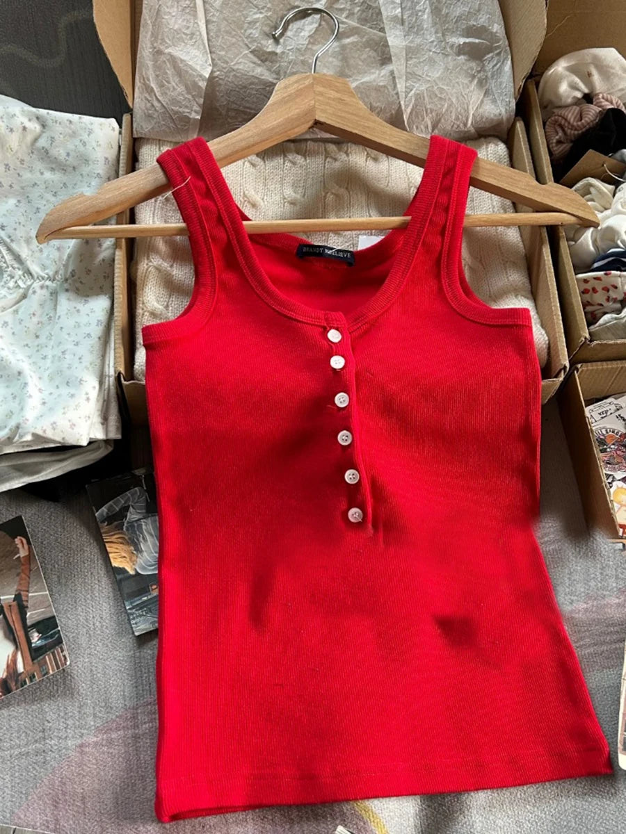 Red Vintage Buttons Slim Vests Women Summer Cotton Simple Basic Casual Sleeveless Tank Tops Sweet Streetwear Chic Cute Camis Y2K
