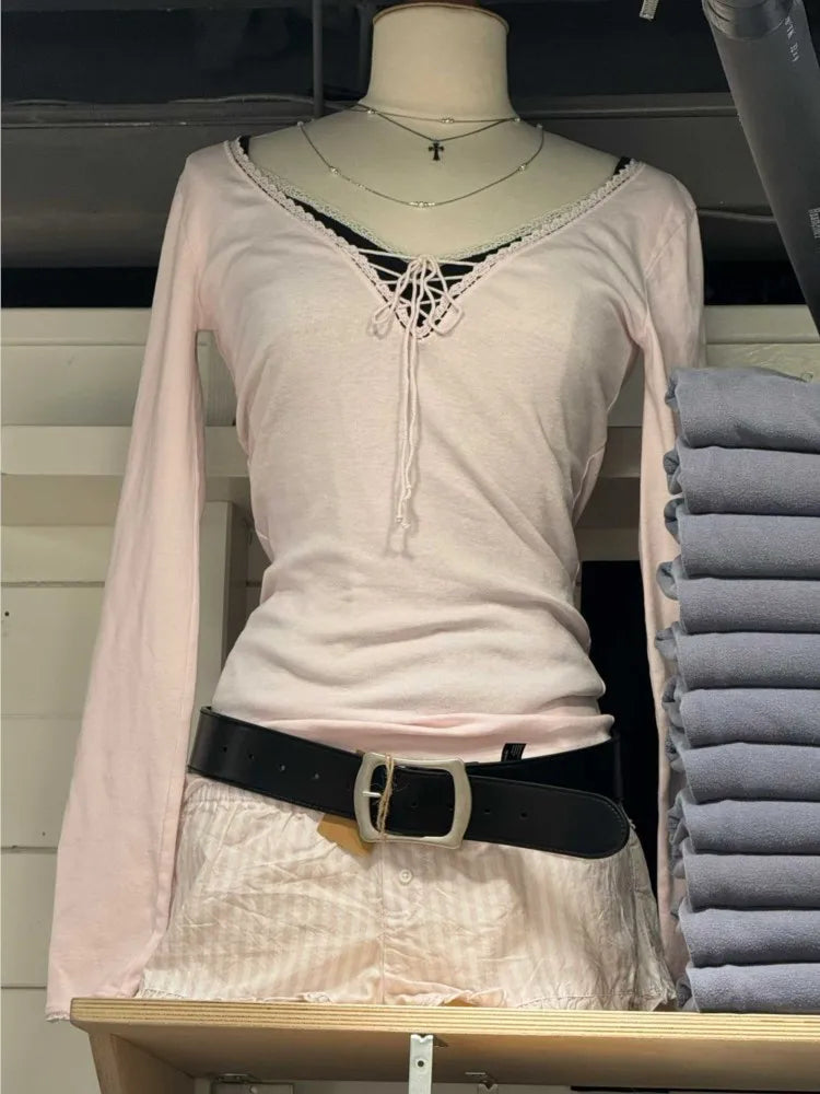 Lace Trim Long Sleeve Tees Women Spring Streetwear Cotton Slim V-neck Lace-up Tops Sweet Cute Pink Chic T-shirts