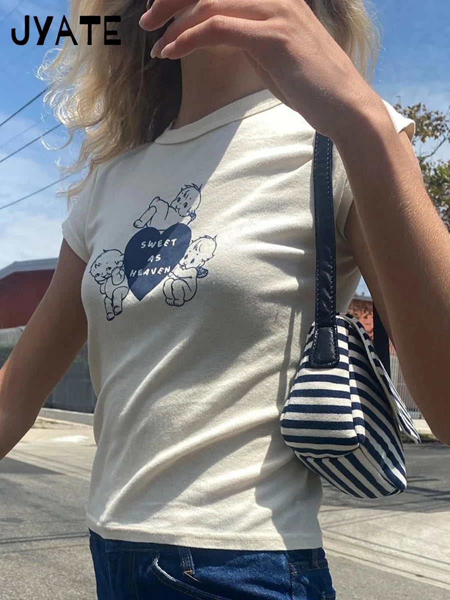 Cute Cartoon Angel Print Slim T-shirts Women Summer O-neck Cotton Harajuku Streetwear Short Sleeve Tees Sweet Chic Y2K Crop Tops