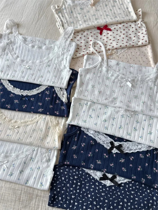 Bow Floral Eyelet Lace Trim Tank Tops Women Summer Simple Cotton Sleeveless Slim Camisole Girls Sweet Cute Preppy Style Vests