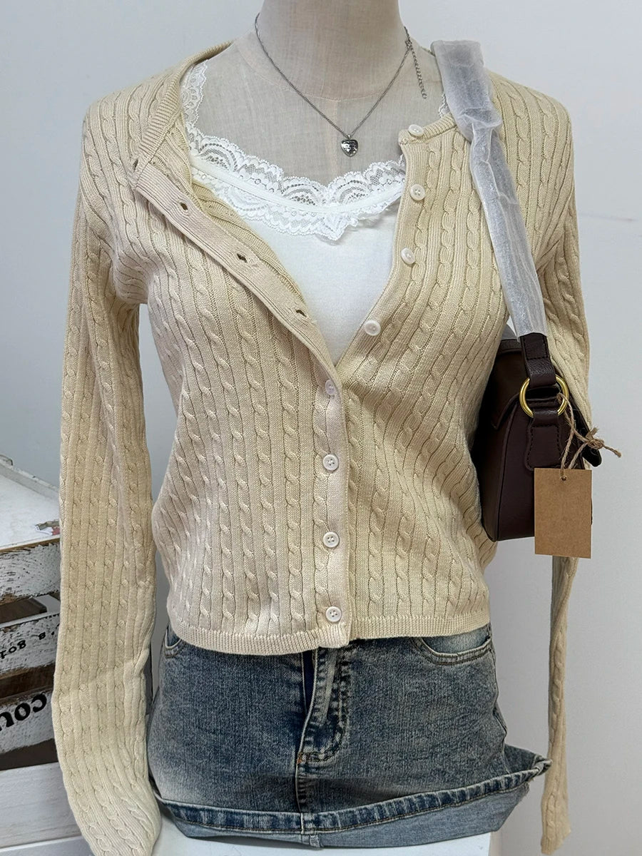 Brown Twsit Cardigan Women Spring Simple Casual Cotton Slim Button Long Sleeve Sweater Vintage Chic Preppy Style Sweaters Y2K