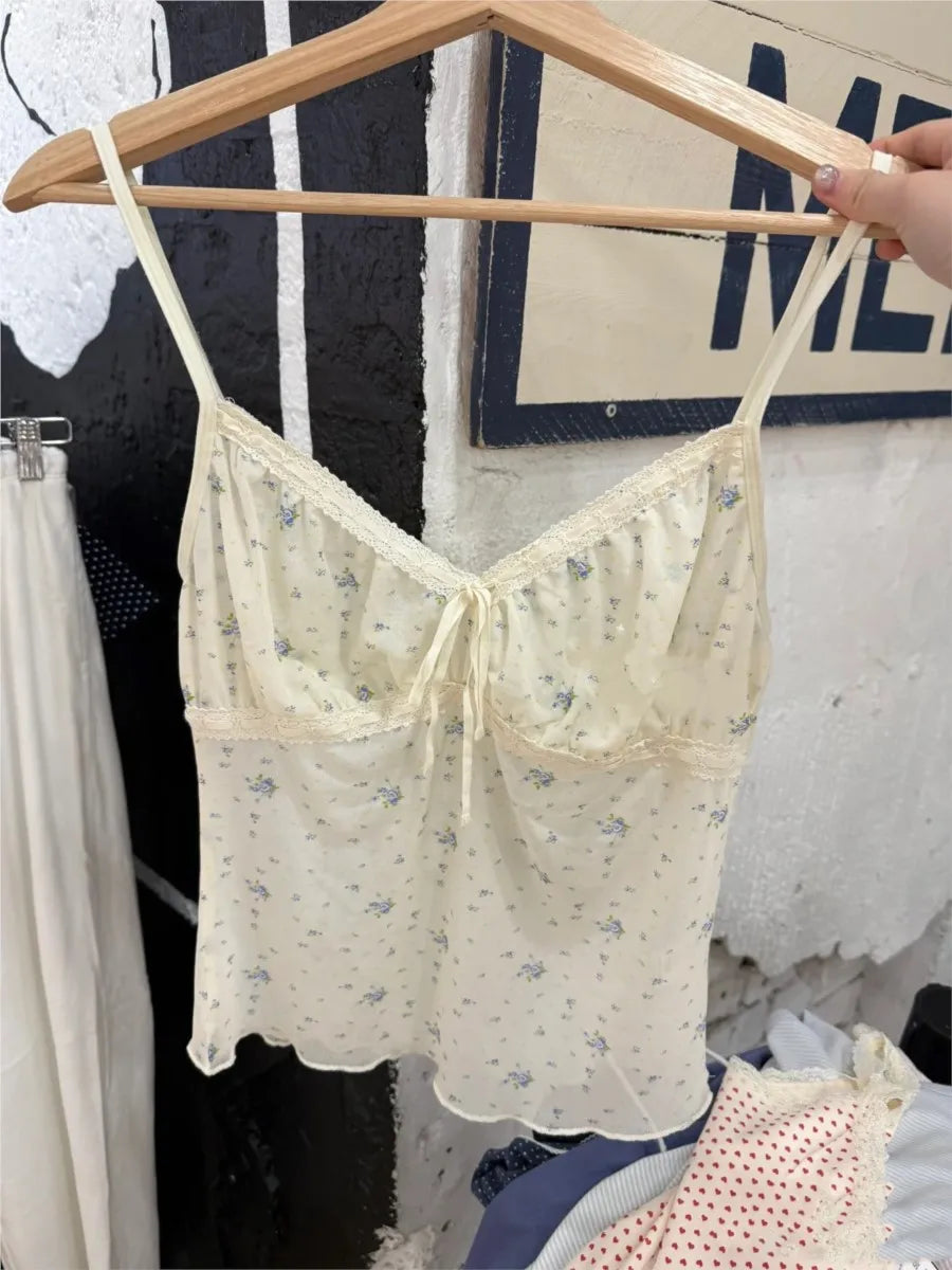Blue Floral Folds V-neck Tank Tops Women Summer New Sexy Beige Slim Lace-up Sleeveless Vests Sweet Cute Preppy Style Camisole